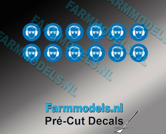 12x Oogbescherming- &amp; Gehoorbescherming verplicht afbeelding &Oslash; 3,2mm Pr&eacute;-Cut Decals 1:32 Farmmodels.nl