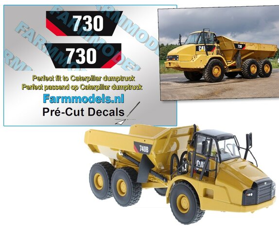 Caterpillar Dumptruck 730 TYPE set ZWART/KLEUR stickersop WITTE folie Pr&eacute;-Cut Decals 1:32 Farmmodels.nl