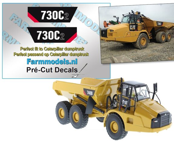 Caterpillar Dumptruck 730 C2 TYPE set ZWART/KLEUR stickersop WITTE folie Pr&eacute;-Cut Decals 1:32 Farmmodels.nl