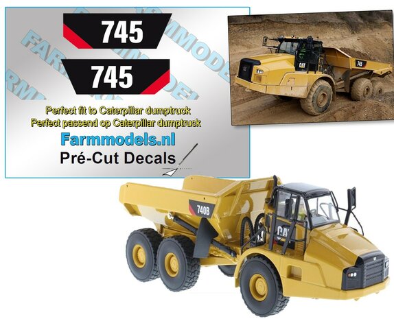 Caterpillar Dumptruck 745 TYPE set ZWART/KLEUR stickersop WITTE folie Pr&eacute;-Cut Decals 1:32 Farmmodels.nl