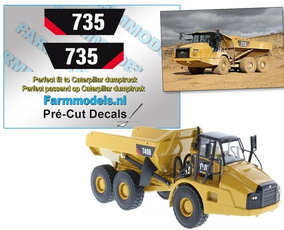 Caterpillar Dumptruck 735 TYPE set ZWART/KLEUR stickersop WITTE folie Pr&eacute;-Cut Decals 1:32 Farmmodels.nl