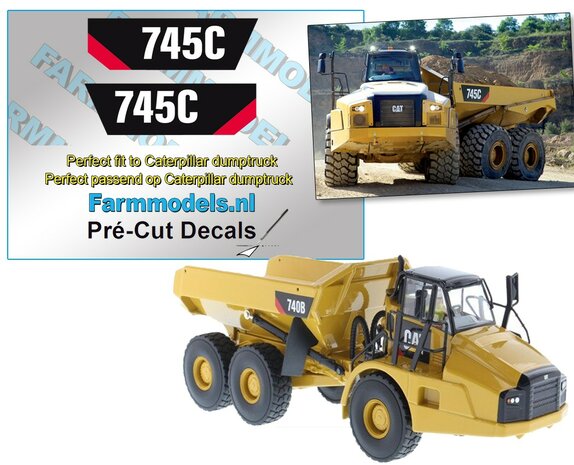 Caterpillar Dumptruck 745C TYPE set ZWART/KLEUR stickersop WITTE folie Pr&eacute;-Cut Decals 1:32 Farmmodels.nl