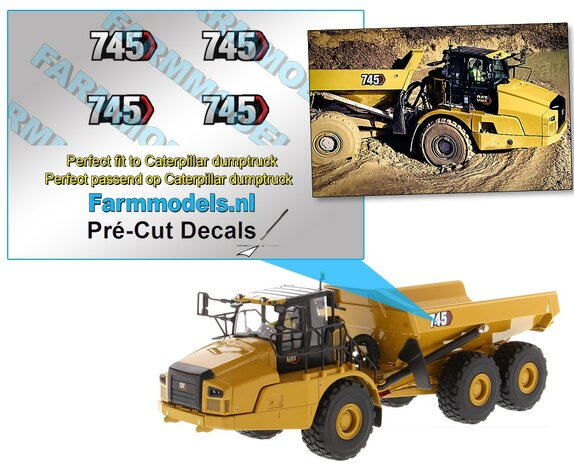 4x NextGEn Caterpillar  745 typenummer  9,5mm breed op transparante stickerfolie Pr&eacute;-Cut Decals 1:32 Farmmodels.nl 