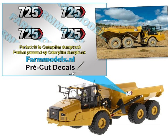 4x NextGEn Caterpillar  725 typenummer  9,5mm breed op transparante stickerfolie Pr&eacute;-Cut Decals 1:32 Farmmodels.nl 