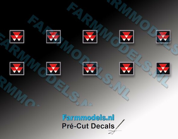 10x Massey Ferguson logo 3,3 mm breed op transparante stickerfolie Pr&eacute;-Cut Decals 1:32 Farmmodels.nl 