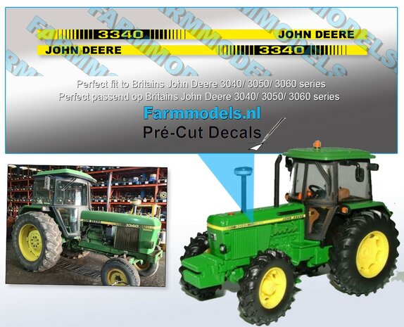 JOHN DEERE 3340 type stickers, Geschikt voor BRITAINS 3140 serie, &nbsp;Pr&eacute;-Cut Decals 1:32 Farmmodels.nl&nbsp;