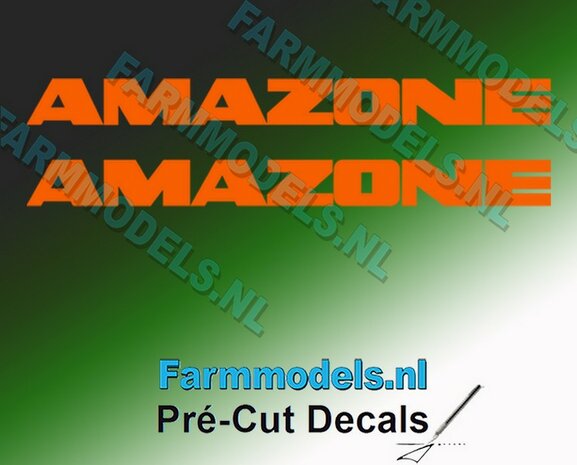 2x AMAZONE ORANJE op Transparant 6mm hoog Pr&eacute;-Cut Decals 1:32 Farmmodels.nl 