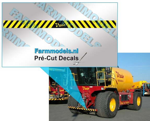 Vredo verdrijvingsstickers GEEL/ zwarte op Transparant  8x120 mm  hoog Pr&eacute;-Cut Decals 1:32 Farmmodels.nl 