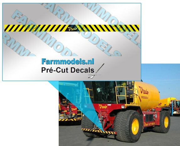 Vredo verdrijvingsstickers GEEL/ zwarte op Transparant  7x140 mm  hoog Pr&eacute;-Cut Decals 1:32 Farmmodels.nl 