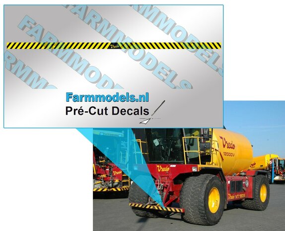 Vredo verdrijvingsstickers GEEL/ zwarte op Transparant  4x140 mm  hoog Pr&eacute;-Cut Decals 1:32 Farmmodels.nl 