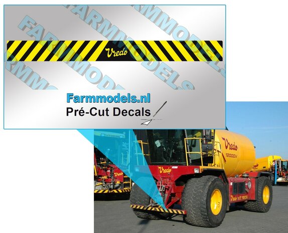 Vredo verdrijvingsstickers GEEL/ zwarte op Transparant  9x95 mm  hoog Pr&eacute;-Cut Decals 1:32 Farmmodels.nl 