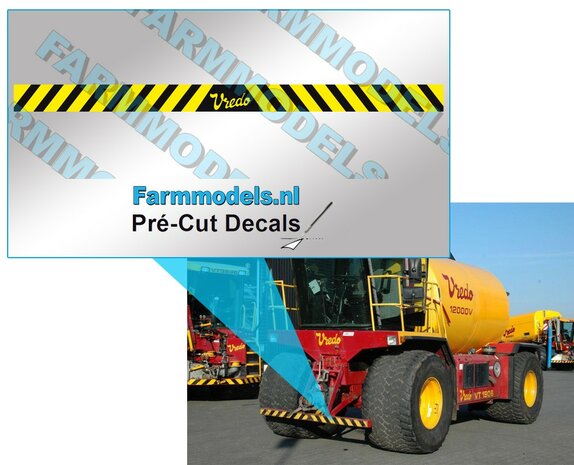 Vredo verdrijvingsstickers GEEL/ zwarte op Transparant  6x95 mm  hoog Pr&eacute;-Cut Decals 1:32 Farmmodels.nl 