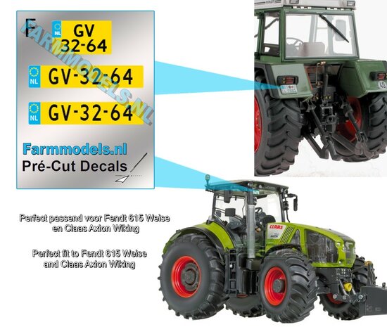 GV-32-64  3x NL Kentekenplaatsticker Pr&eacute;-Cut Decals Perfect passend voor Fendt 615 Weise en Claas Axion Wiking 1:32 Farmmodels.nl