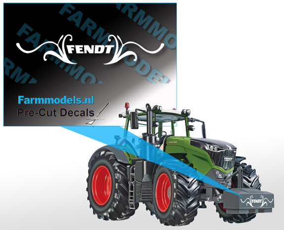 Fendt Frontgewicht sier sticker. Wit op transparante folie 12x40mm Pr&eacute;-Cut-Decals-1:32-Farmmodels.nl