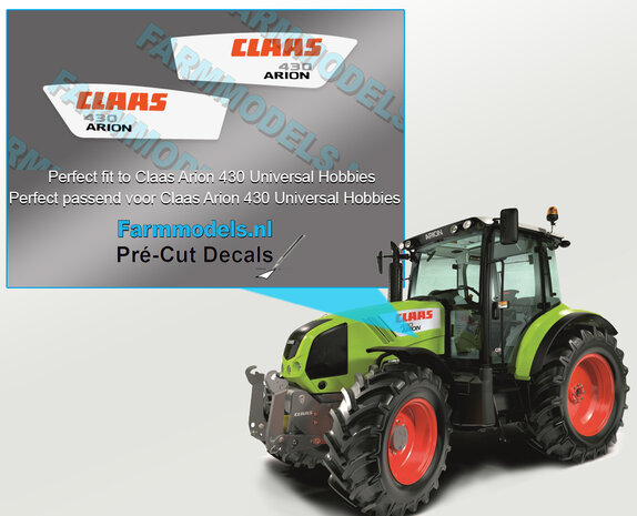 CLAAS ARION 430 OUD type stickers voor Universal Hobbies CLAAS ARION motorkap Pr&eacute;-Cut Decals 1:32 Farmmodels.nl 