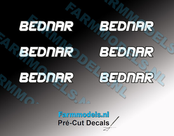 6x BEDNAR logo. WIT op transparant, 3x15 mm &nbsp;Pr&eacute;-Cut Decals 1:32 Farmmodels.nl&nbsp;