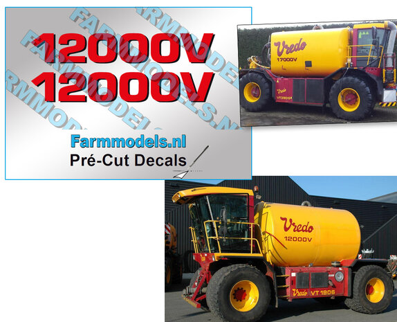 2x Vredo type stickers 12000V ROOD/ zwarte schaduw op Transparant 61mm breed Pr&eacute;-Cut Decals 1:32 Farmmodels.nl 