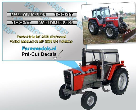 Massey Ferguson 1004T sticker 3x38,8 mm Pr&eacute;-Cut Decals op zilver folie 1:32 Farmmodels.nl