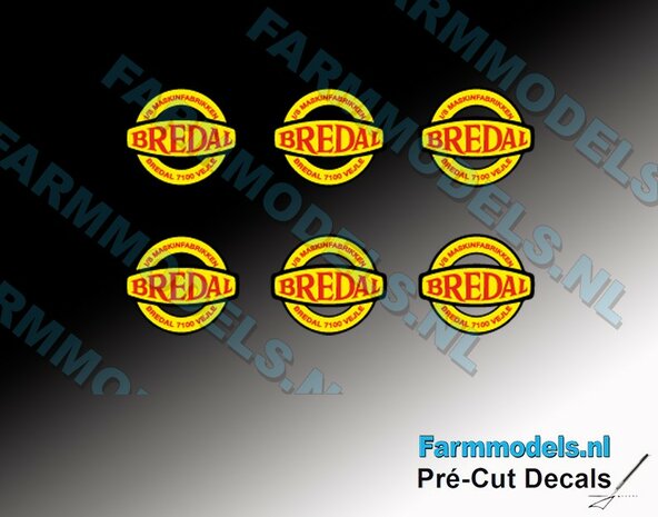 6x Bredal logo rond - 8,5 mm breed  x 7,6 mm hoog Pr&eacute;-Cut Decals 1:32 Farmmodels.nl