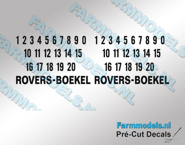 2x ROVERS-BOEKEL + 2x nummer 1-20  in zwart  Pr&eacute;-Cut Decals 1:32 Farmmodels.nl 