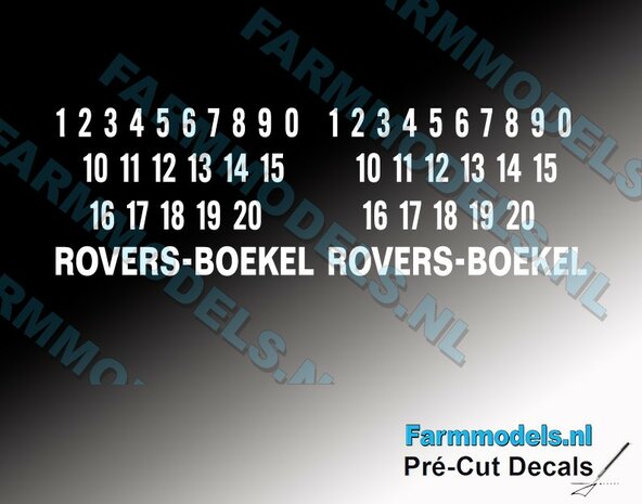 2x ROVERS-BOEKEL + 2x nummer 1-20  in wit Pr&eacute;-Cut Decals 1:32 Farmmodels.nl 