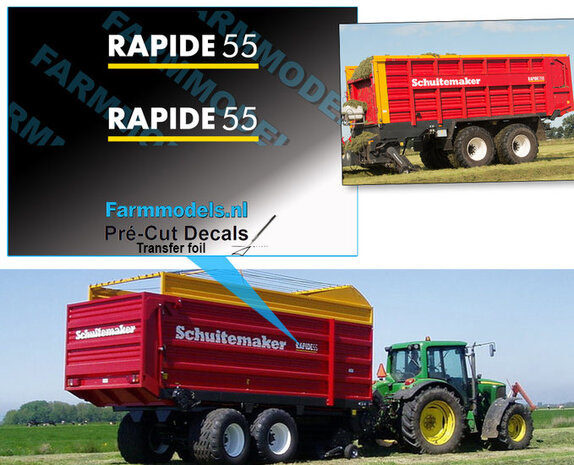 2x SCHUITEMAKER RAPIDE 55 stickers uit witte folie 5,6 mm hoog met applicatie folie Pr&eacute;-Cut Decals 1:32 Farmmodels.nl