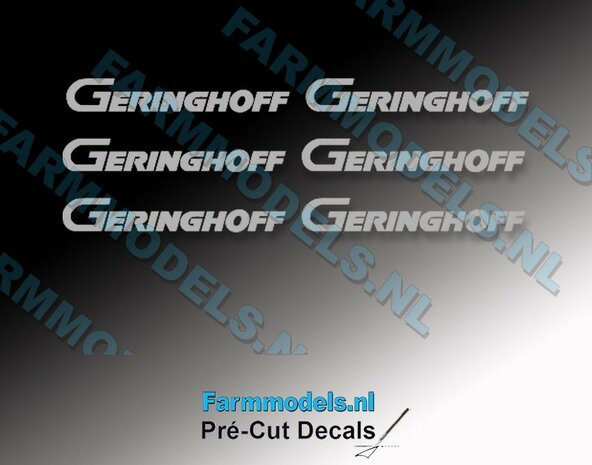 GERINGHOFF logo GRIJS 6x. stickers op transparant, 19,7 X 2,9 mm &nbsp;Pr&eacute;-Cut Decals 1:32 Farmmodels.nl&nbsp;