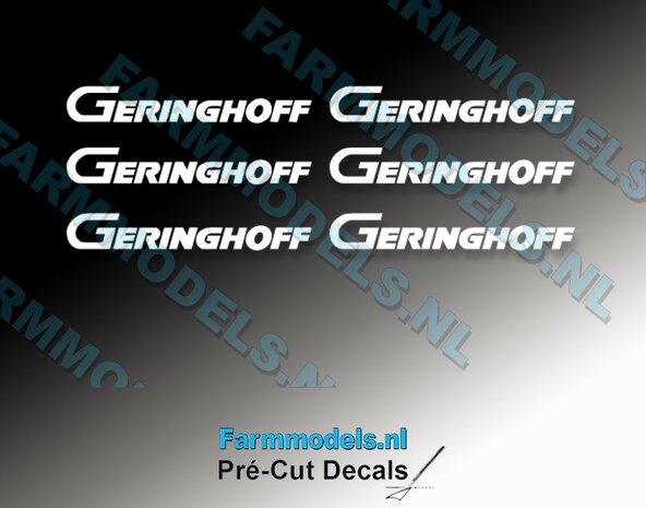 GERINGHOFF logo WIT 6x. stickers op transparant, 19,7 X 2,9 mm &nbsp;Pr&eacute;-Cut Decals 1:32 Farmmodels.nl&nbsp;