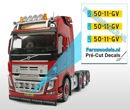 50-11-GV  3x NL Kentekenplaatsticker op gele folie Pr&eacute;-Cut Decals 1:32 Farmmodels.nl