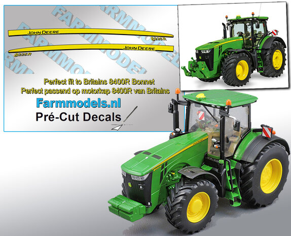 John Deere 8225R type stickers, geschikt voor de Britains John Deere 8400R  Pr&eacute;-Cut Decals 1:32 Farmmodels.nl 