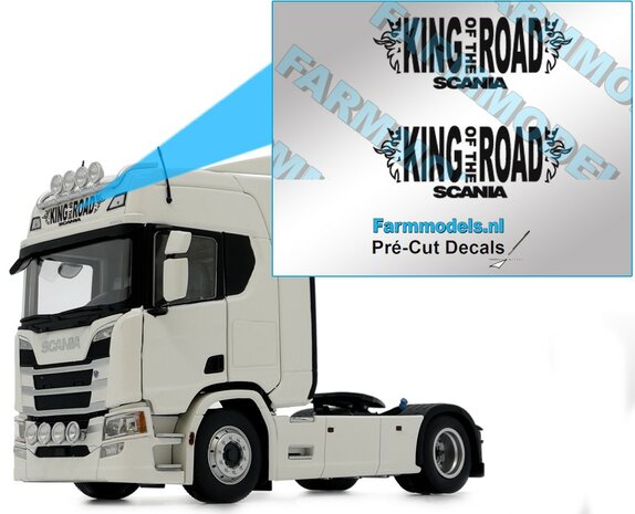 Scania KING-OF-THE-ROAD dakrand sticker ZWART op transpartante FOLIE, 8x26 mm  Pr&eacute;-Cut Decals 1:32 Farmmodels.nl