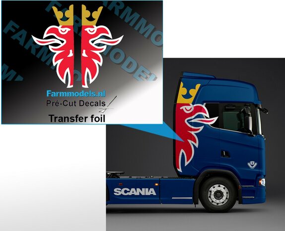 Rode Griffioen tbv blauw scania, 33x65mm  Pr&eacute;-Cut Decals 1:32 Farmmodels.nl