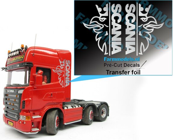 Scania Griffioen met Scania tekst ZILVER FOLIE (Transferfolie), 30x60mm   Pr&eacute;-Cut Decals 1:32 Farmmodels.nl