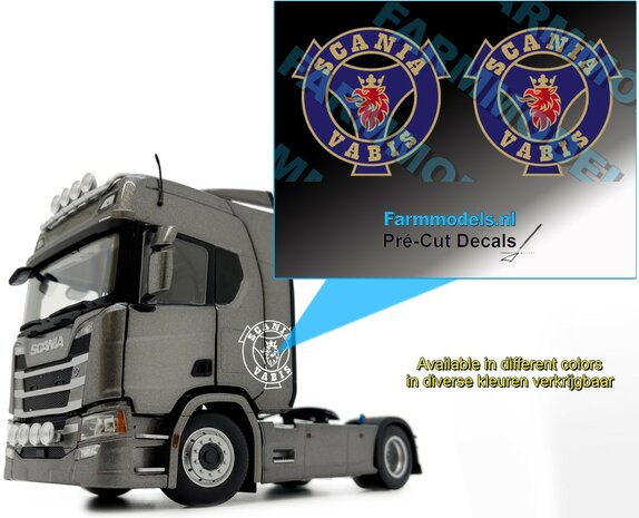 Scania Vabis - rond logo 2x KLEUR op transparante FOLIE, 26 mm   Pr&eacute;-Cut Decals 1:32 Farmmodels.nl