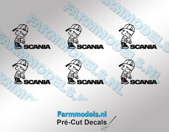 6x Ok&eacute; Calvin 10mm hoog V1 ZWART + Scania tekst in ZWART  stickers op Transparant Pr&eacute;-Cut Decals 1:32 Farmmodels.nl 