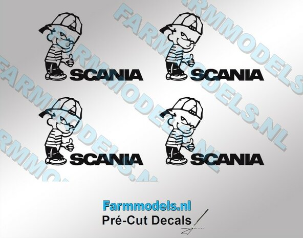 4x Ok&eacute; Calvin 15mm hoog V1 ZWART + Scania tekst in ZWART  stickers op Transparant Pr&eacute;-Cut Decals 1:32 Farmmodels.nl 