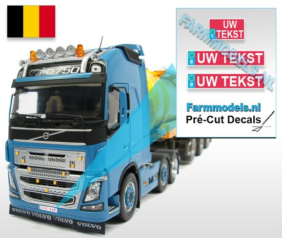 UW TEKST  3x BELGIE Kentekenplaatsticker, Pr&eacute;-Cut Decals met uw opgegeven tekst 1:32 Farmmodels.nl
