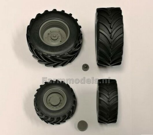 Brede bandenset met velg, vooras &Oslash; 46 mm achteras &Oslash;  64 mm  en losse eindvertraging/ hart velg  1:32   04291-4   