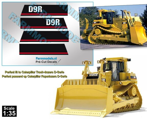 Caterpillar D9T Rupsdozers D-Serie type logo + strepen op witte folie 7 mm hoog Pr&eacute;-Cut Decals 1:35 Farmmodels.nl 