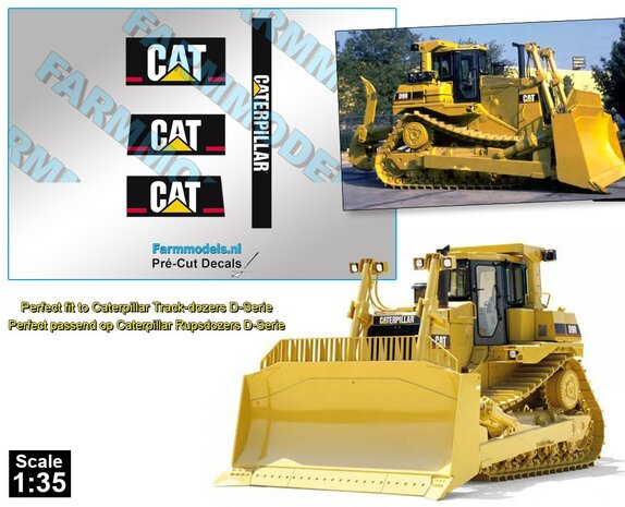 Caterpillar CAT logo&#039;s tbv  D9T Rupsdozers D-Serie op witte folie 7 mm hoog Pr&eacute;-Cut Decals 1:35 Farmmodels.nl 