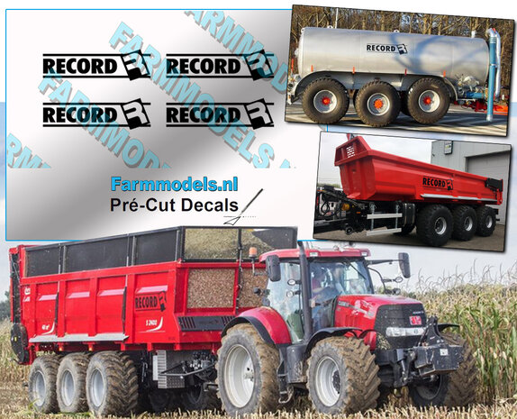 RECORD logo stickers, 4 stickers elk 3x10 mm,  ZWART op transparante folie, Pr&eacute;-Cut Decals 1:32 Farmmodels.nl 