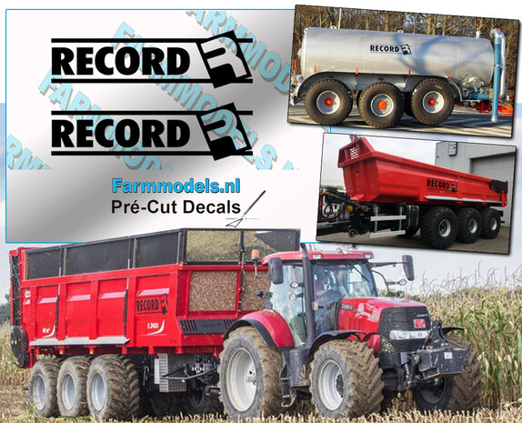 RECORD logo stickers, 2 stickers elk 6x20 mm,  ZWART op transparante folie, Pr&eacute;-Cut Decals 1:32 Farmmodels.nl 