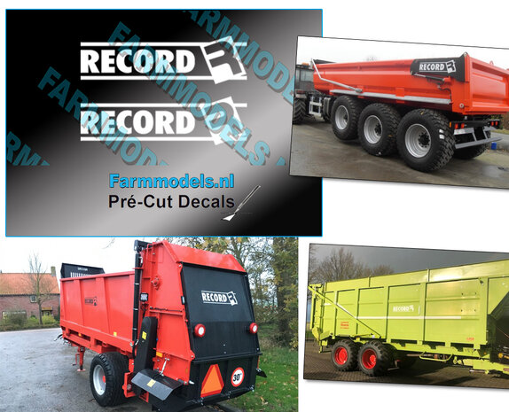 RECORD logo stickers, 2 stickers elk 7,3x25 mm,  WIT op transparante folie, Pr&eacute;-Cut Decals 1:32 Farmmodels.nl 