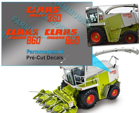 PCD-CL-908227  3x Claas 860 Jaguar voor Claas Norscot 880, ROOD stickers op transparante rfolie Pr&eacute;-Cut Decals 1:32 Farmmodels.nl