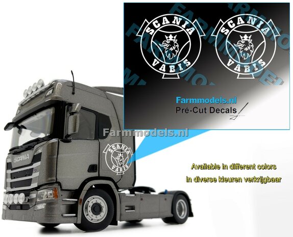 Scania Vabis - rond logo 2x WIT op transparante FOLIE, 26 mm   Pr&eacute;-Cut Decals 1:32 Farmmodels.nl