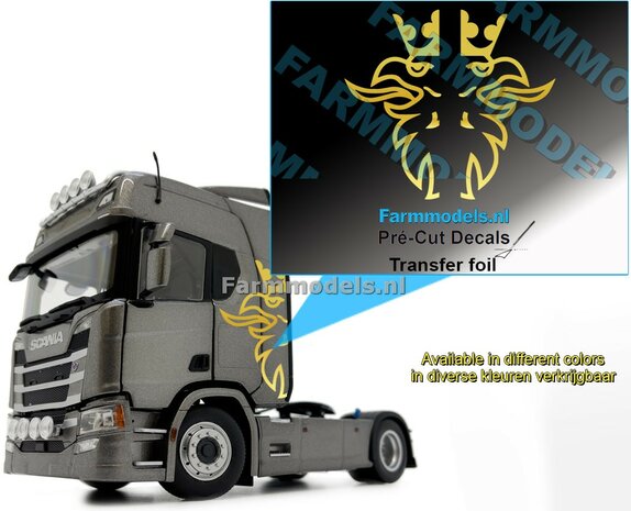 Scania griffioen - 2x uit GOUDE FOLIE, 60 mm   Pr&eacute;-Cut Decals met transfer folie 1:32 Farmmodels.nl