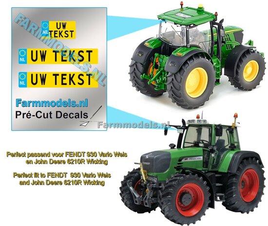 UW TEKST  3x NL Kentekenplaatsticker TYPE D tbv o.a. FE 930 Vario Weis en JD 6210R Wicking. Pr&eacute;-Cut Decals met uw opgegeven tekst 1:32 Farmmodels.nl