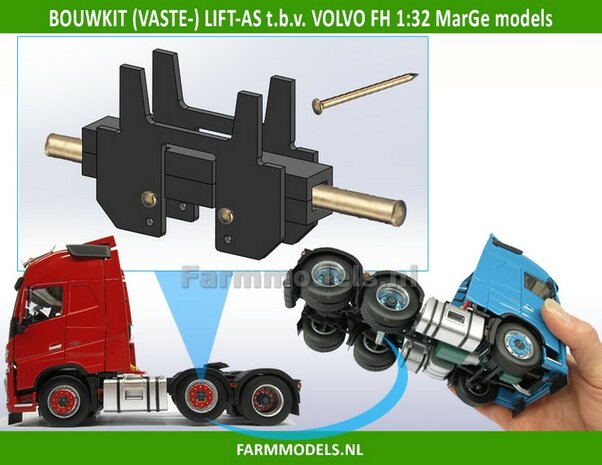 OMBOUW KIT stuur-as naar VASTE LIFT-AS + chassis deel t.b.v. VOLVO FH16 MarGe Models  BOUWKIT 1:32 (HTD)