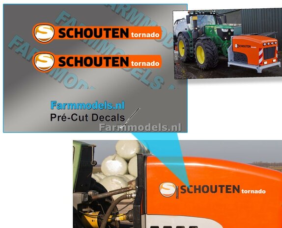 SCHOUTEN Tornado logo stickers op Oranje folie Pr&eacute;-Cut Decals 35 mm lang 1:32 Farmmodels.nl 