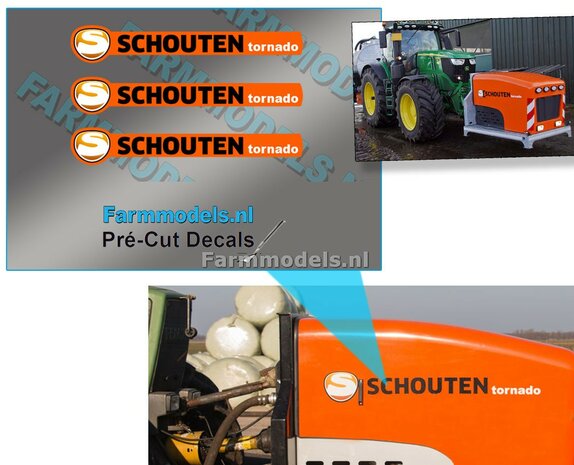 SCHOUTEN Tornado logo stickers op Oranje folie Pr&eacute;-Cut Decals 25 mm lang 1:32 Farmmodels.nl 